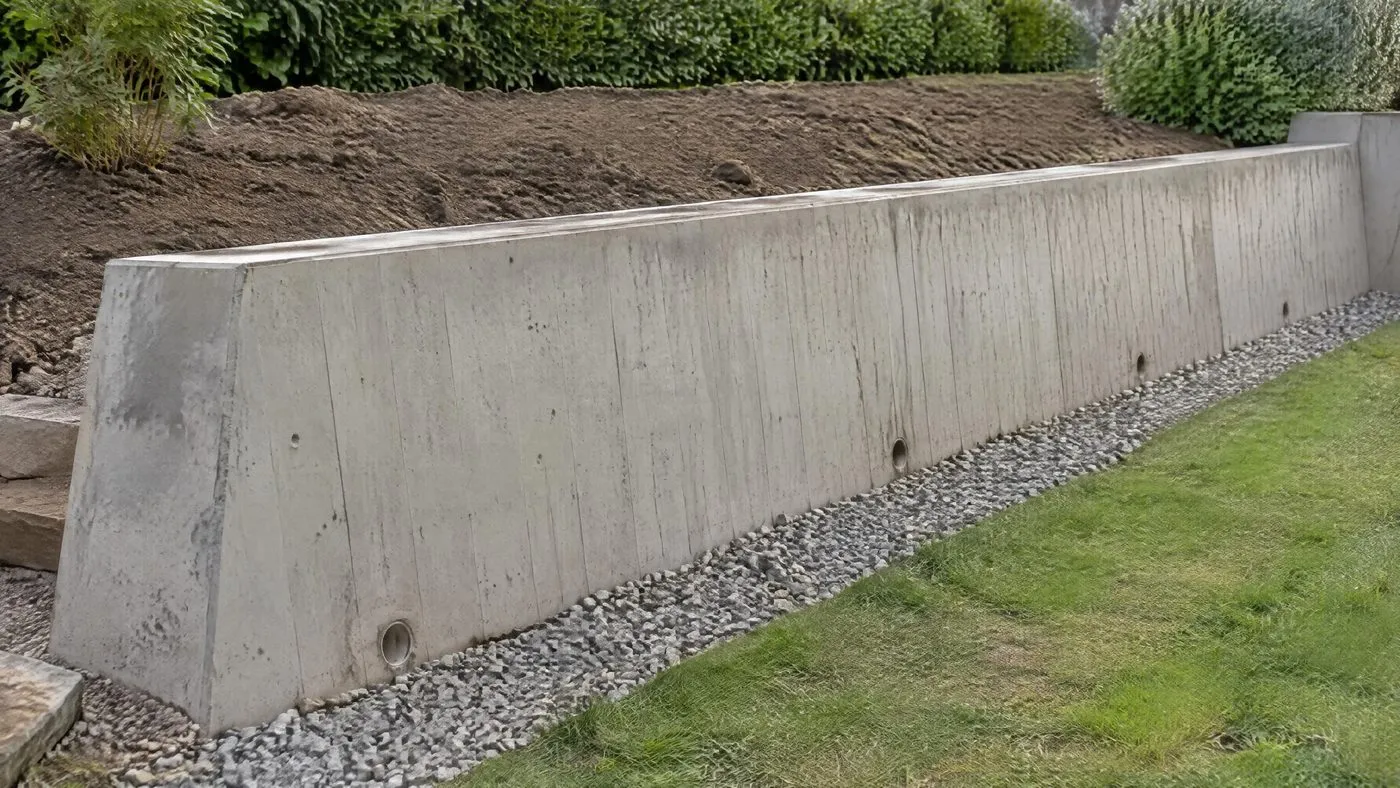 Mur de soutènement en béton décoffré, barbacanes en pied, bande de gravier le long du gazon