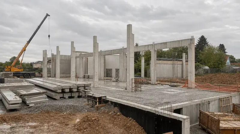 Ossature béton d'un hall industriel en cours de montage