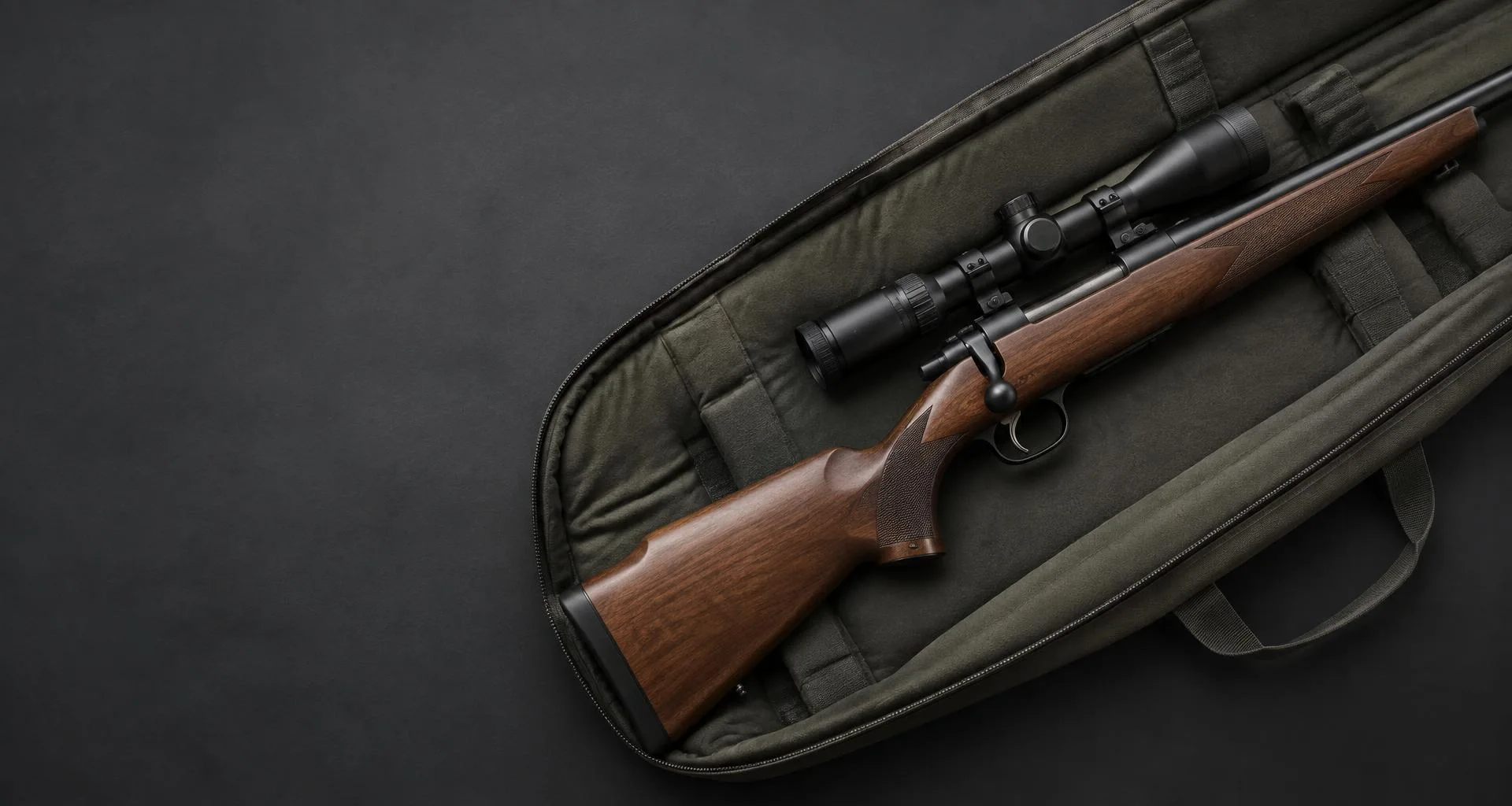 Illustrative sporting rifle resting in a padded case; not an auction listing