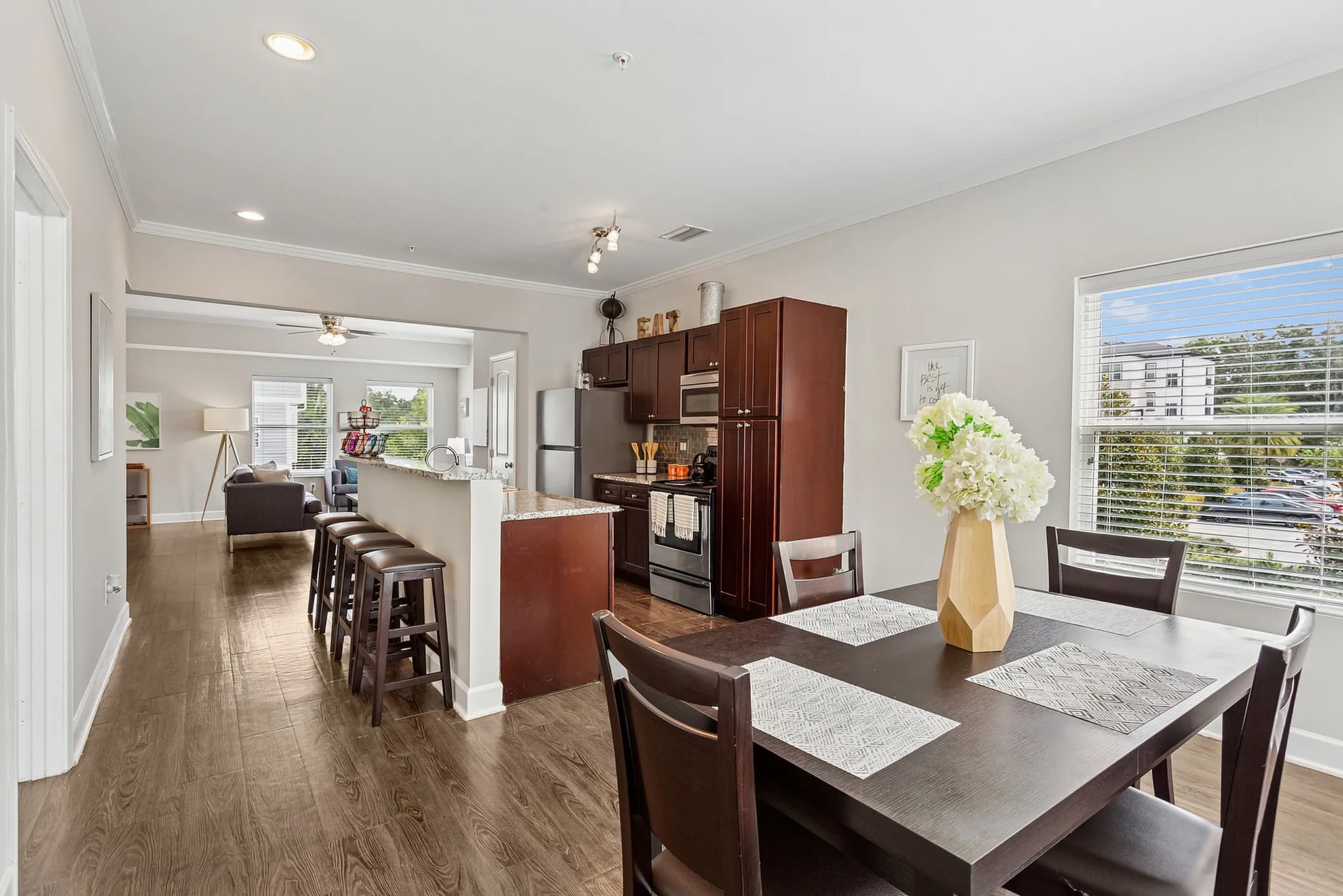 Kitchen with view of living area