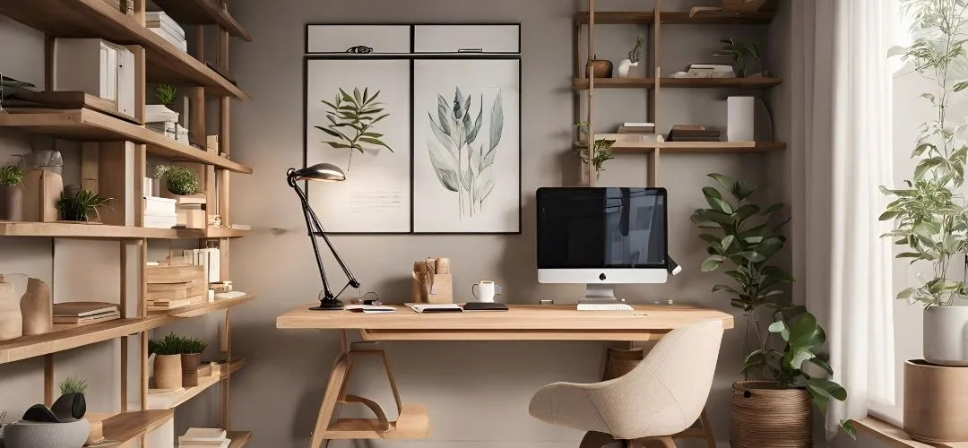Minimalist home office with a light wood desk, black adjustable lamp, and computer, by open wooden shelving with small plants and books, botanical prints on the wall, and a cream chair, bathed in natural window light.
