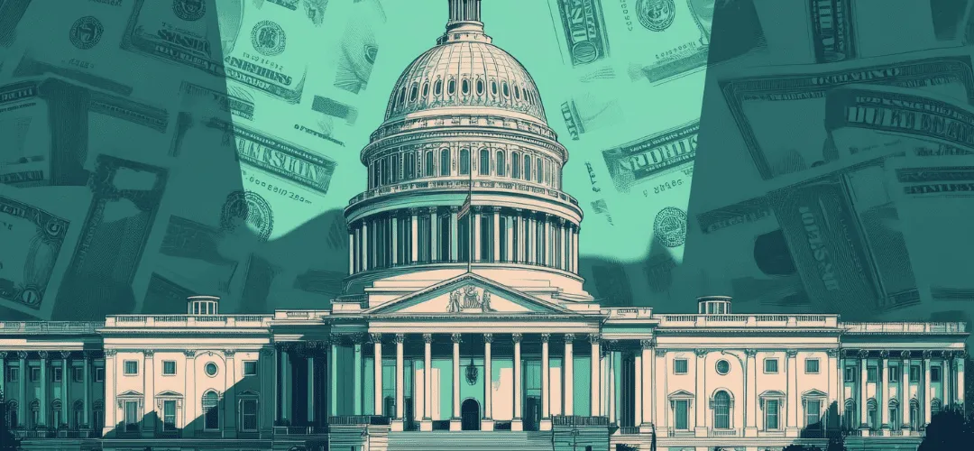 A stylized illustration of the U.S. Capitol building set against a teal-toned background of oversized dollar bills, suggesting themes of government spending and legislation.