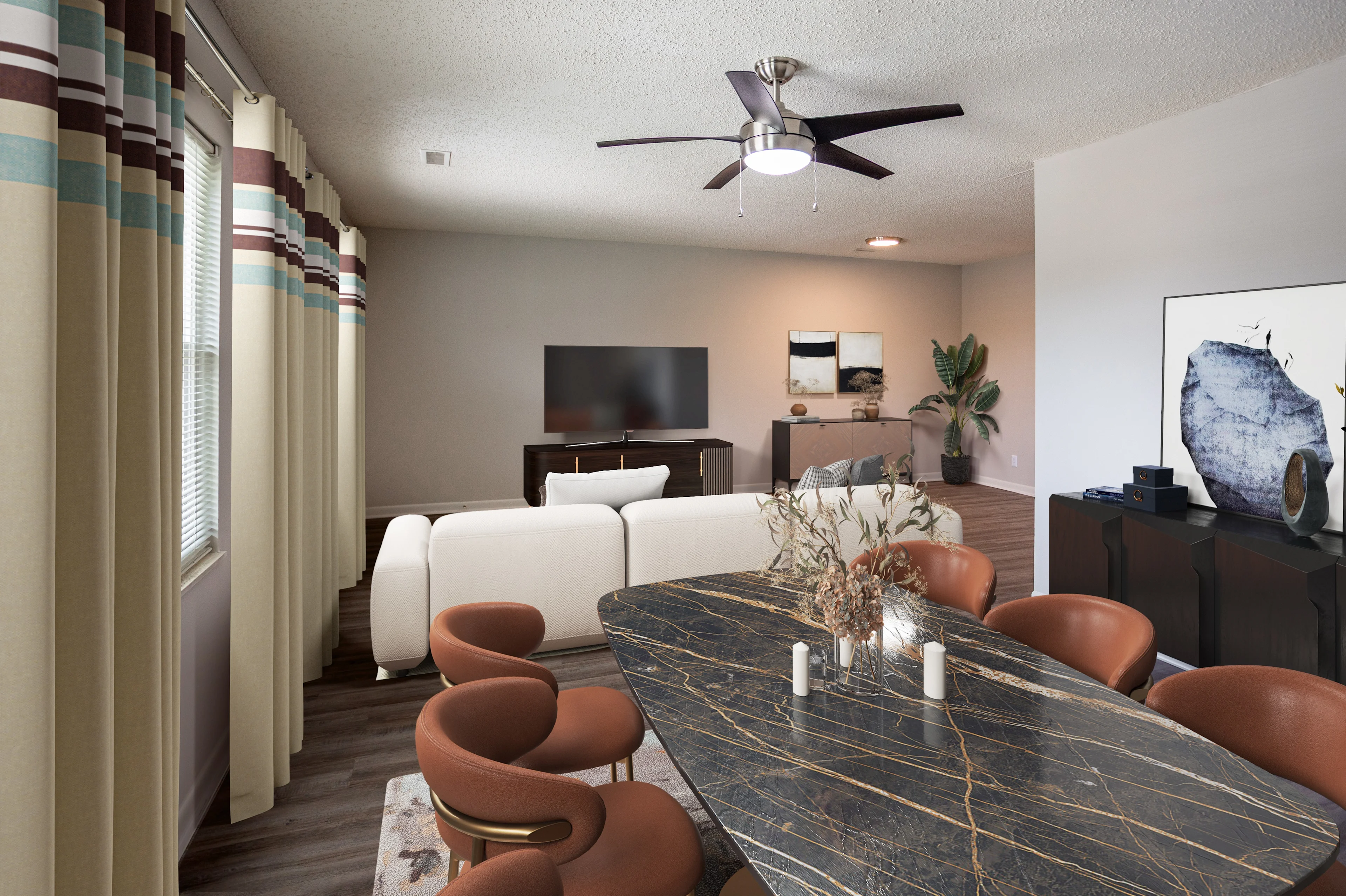 Furnished dining room and living room 