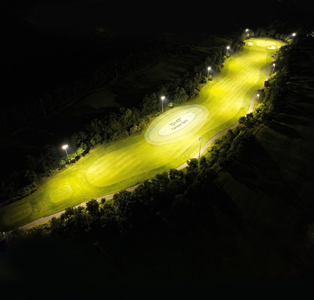 Aerial view of a driving range lit with LED sports lighting