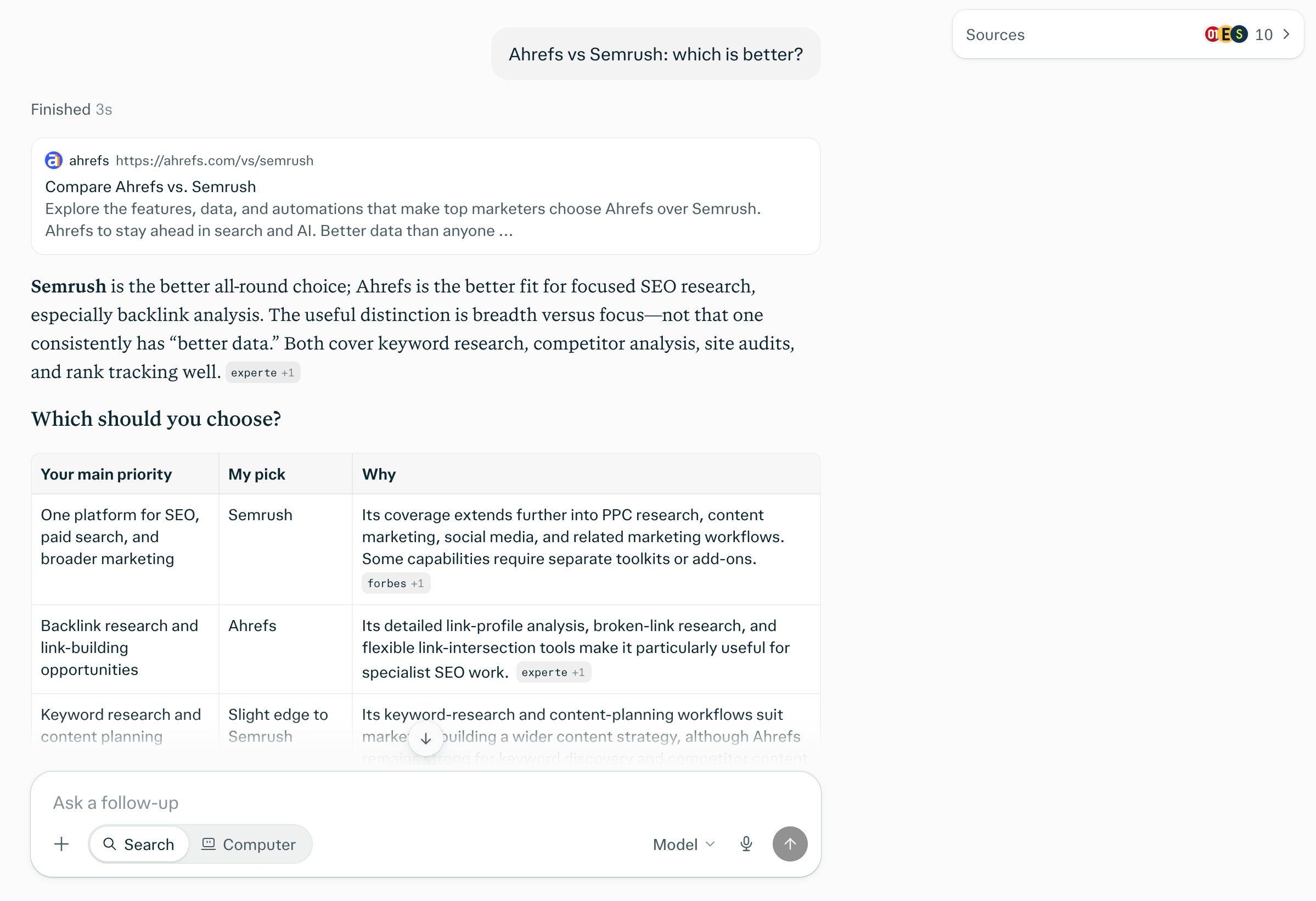 Perplexity answer to Ahrefs vs Semrush: which is better?, with a link card for ahrefs.com/vs/semrush above an answer that calls Semrush the better all-round choice