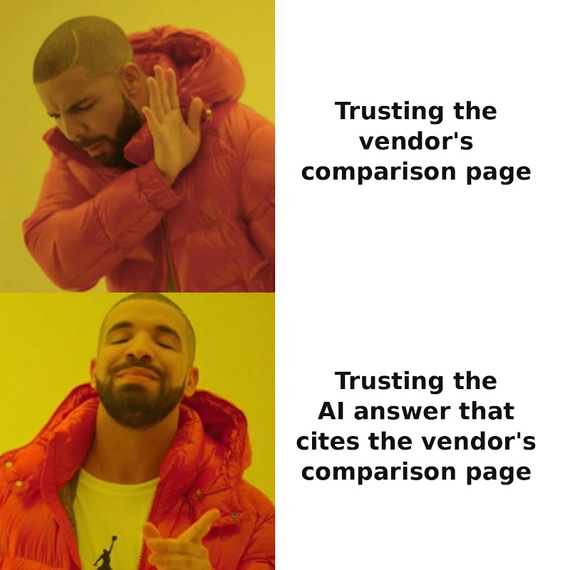 Drake meme: Drake turning away from "Trusting the vendor's comparison page" and approving "Trusting the AI answer that cites the vendor's comparison page"