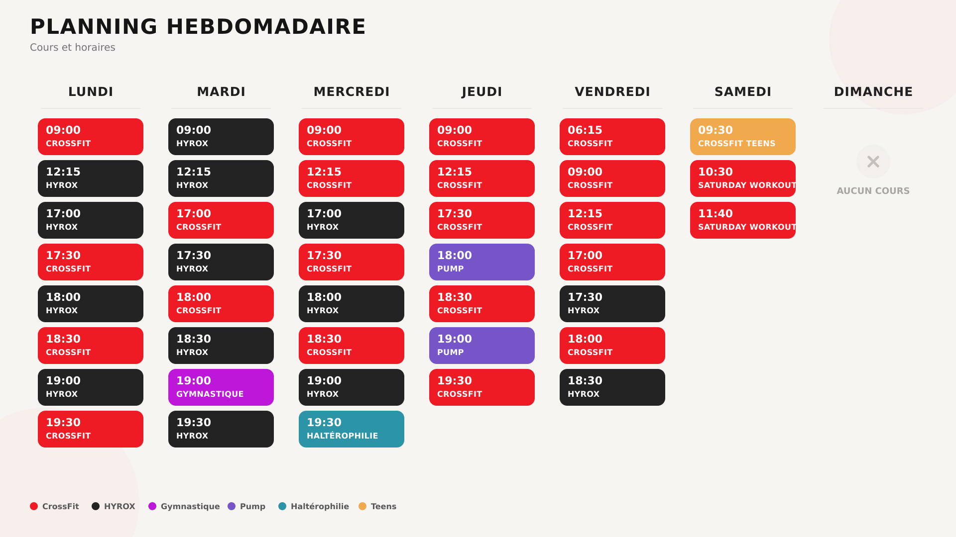 Planning des cours