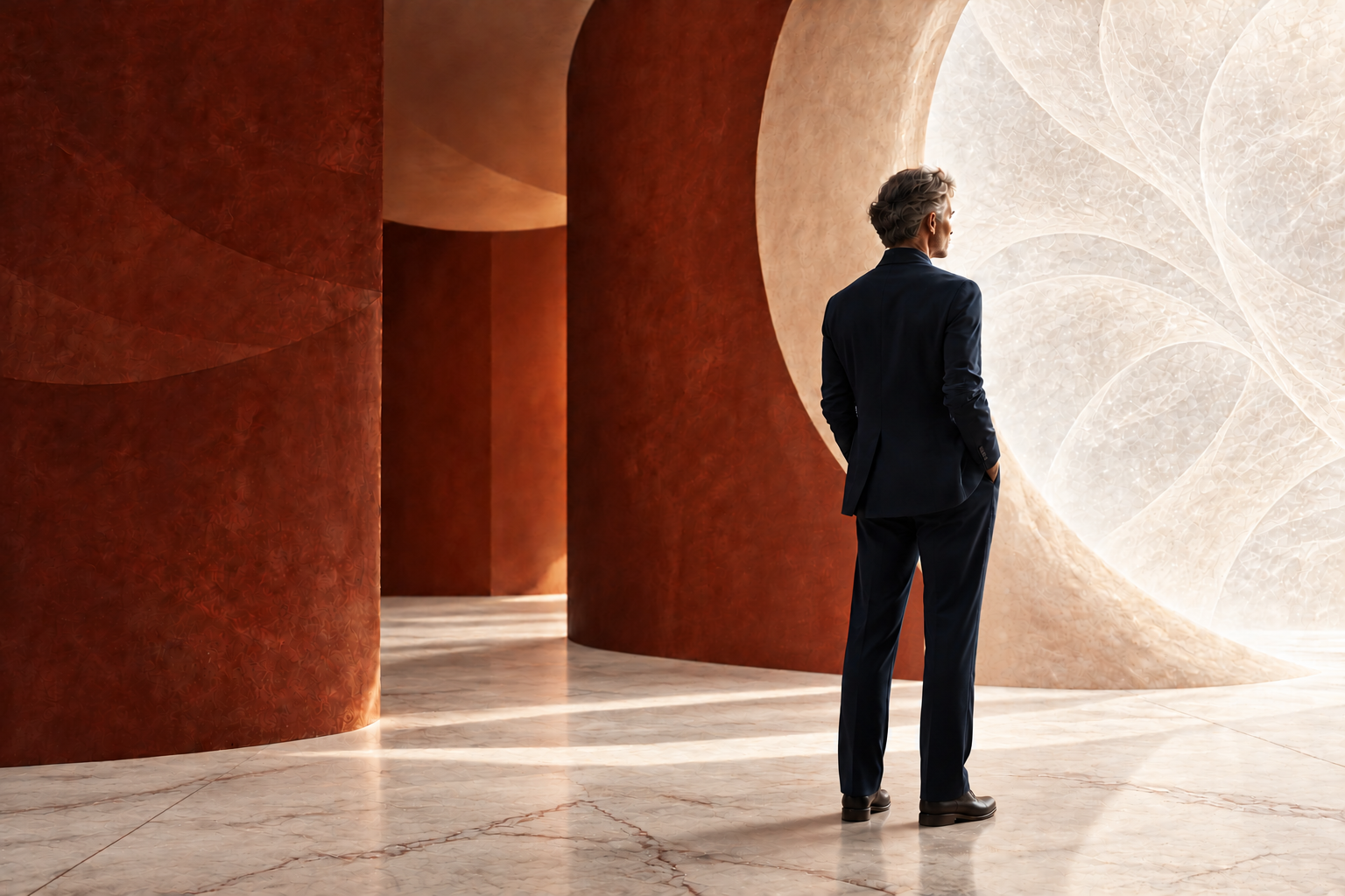A man standing before a luminous sculptural threshold