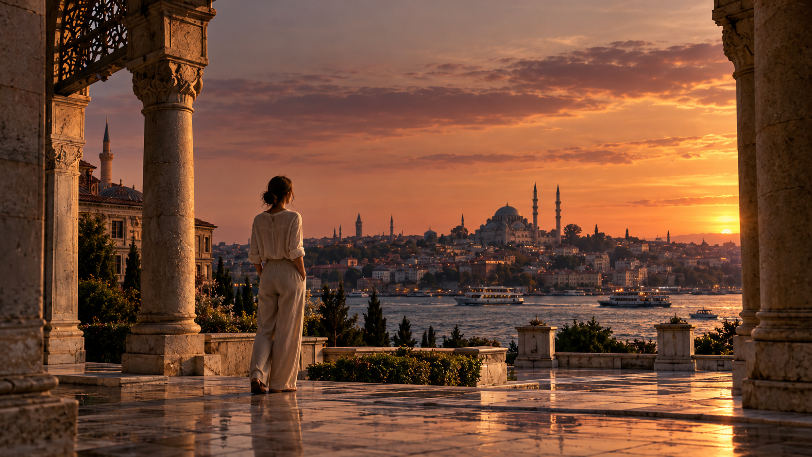 A woman overlooking the Bosphorus and Istanbul at sunset