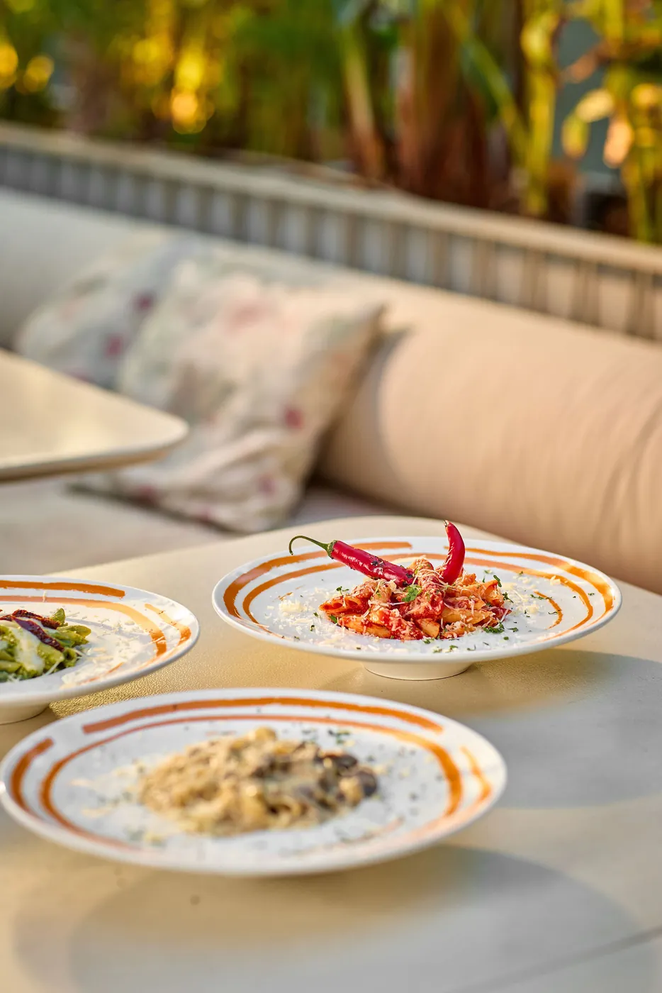 Plates of pasta on a cushioned table