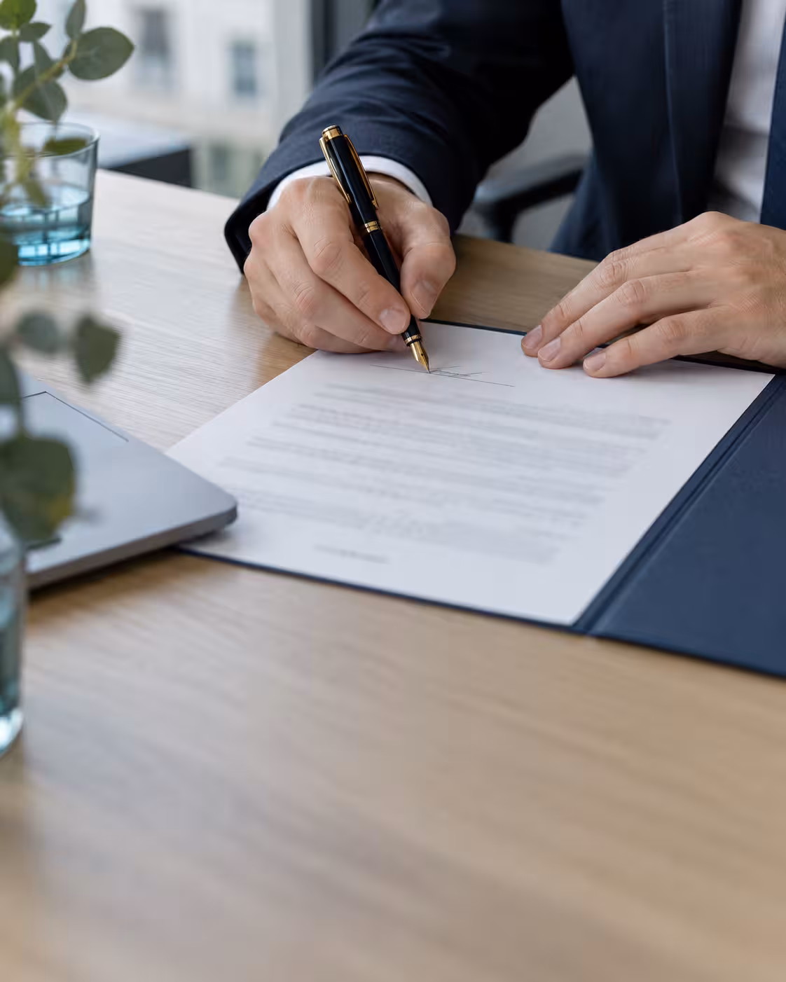 Hand unterschreibt einen Vertrag am Schreibtisch