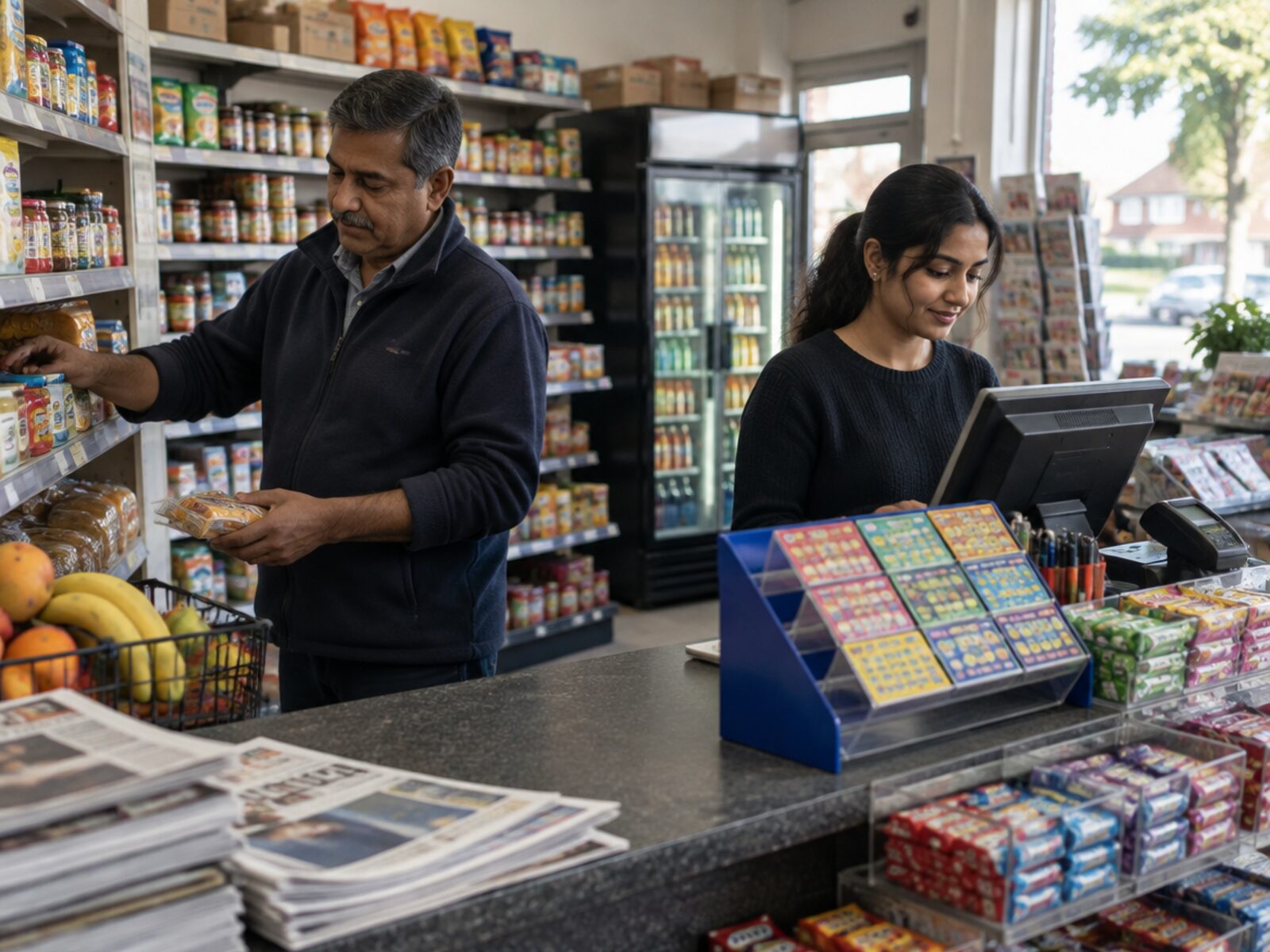 A father and daughter running a suburban convenience store
