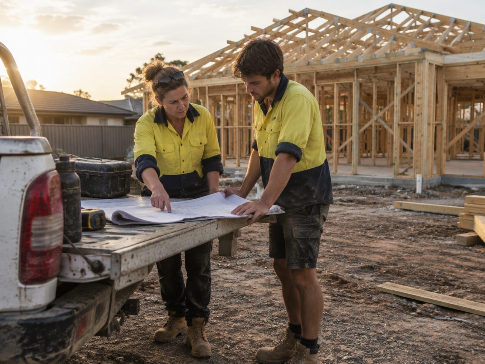 Two builders checking plans on a residential building site