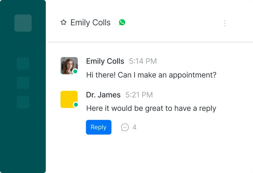 Chat interface showing a conversation where Emily Colls asks to make an appointment and Dr. James replies requesting a reply.