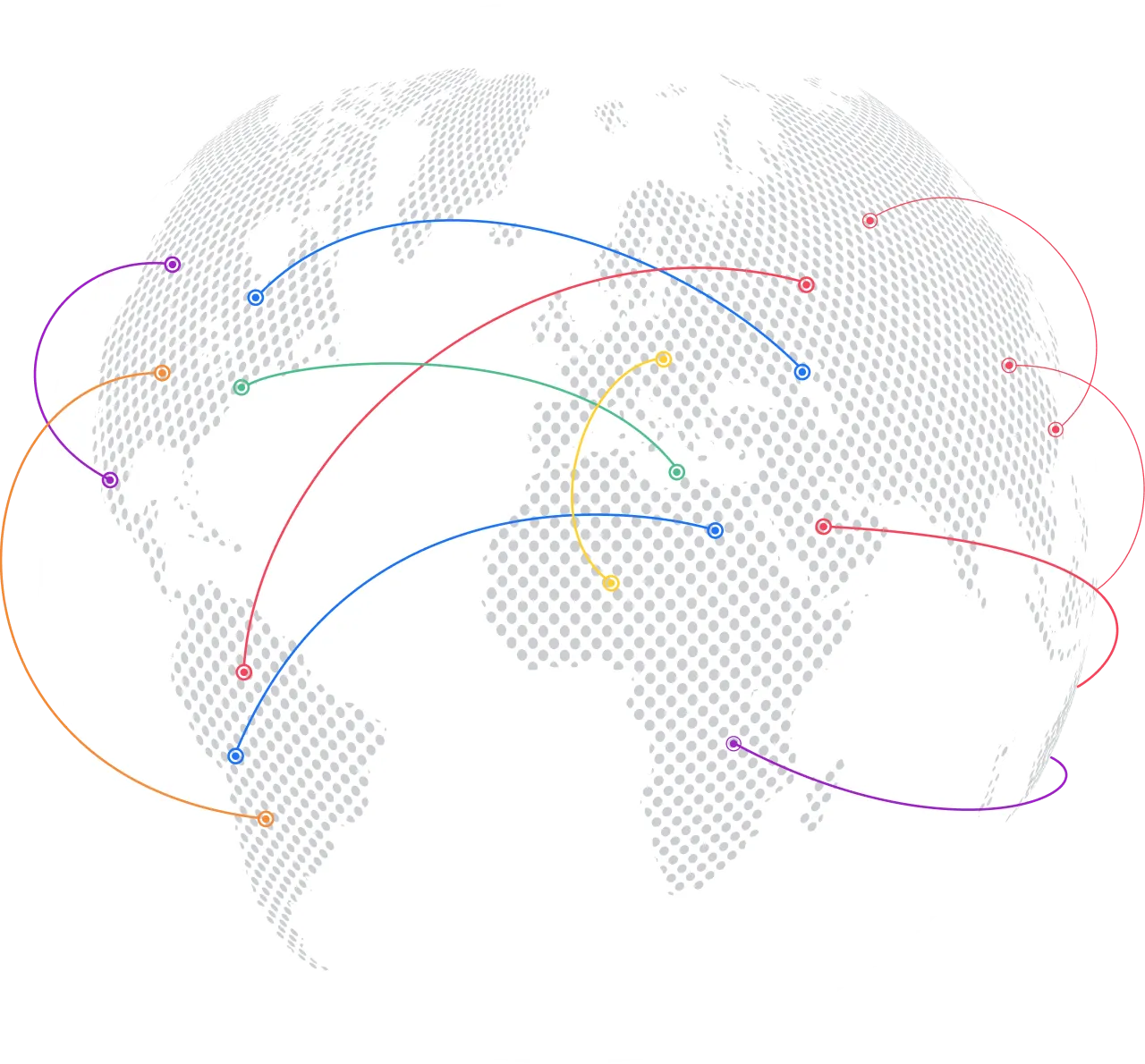 Dotted grayscale globe showing continents with colorful curved lines and circles representing global connections.