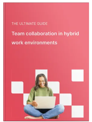 Cover of a guide titled 'Team collaboration in hybrid work environments' with a smiling woman sitting cross-legged using a laptop on a red background with white squares.