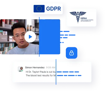 Illustration of a video call with a man, privacy icons GDPR and HIPAA, a lock symbol, and a partially blurred chat message for data protection.