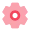 Pink gear icon with a red circle in the center on a gray background.