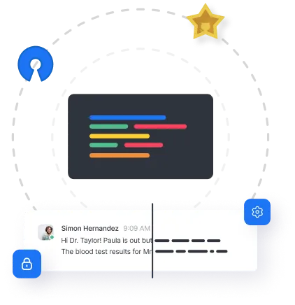 Illustration of a computer screen with colored code lines surrounded by icons and a chat message preview from Simon Hernandez discussing blood test results.