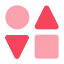 Six pink geometric shapes including circles, triangles, and squares arranged in two rows on a white background.