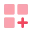 Digital icon with a large pink square divided into four smaller squares, centered on a red plus sign.