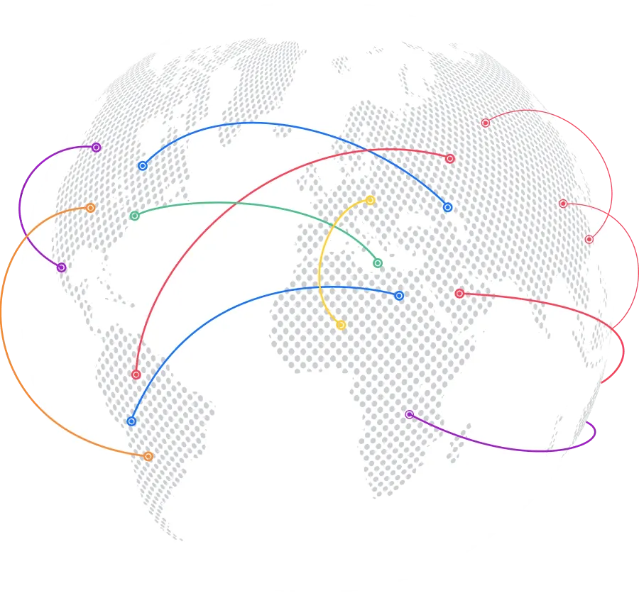 Dotted globe with colorful curved lines representing global connections across continents.