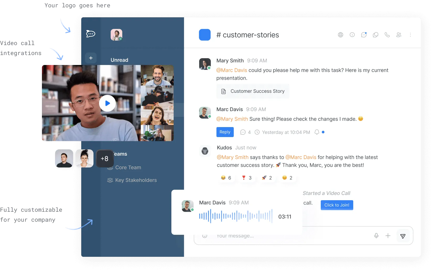 Chat interface showing a video call with five participants, a conversation in the #customer-stories channel discussing a customer success story document, and a 3-minute voice message from Marc Davis.