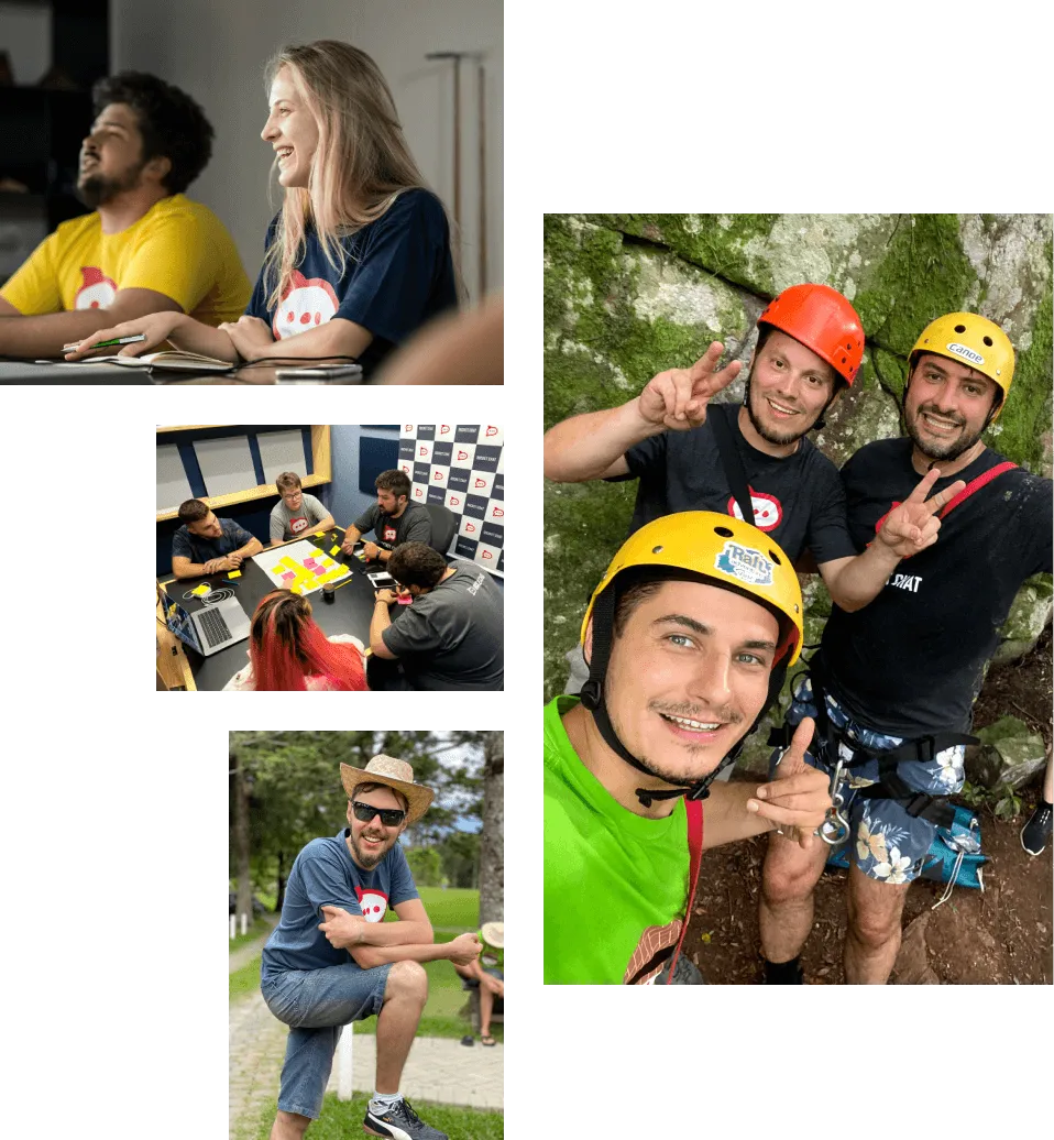 Collage of people engaged in different activities: two smiling individuals in a classroom, a group collaborating over sticky notes in a meeting room, a man outdoors wearing sunglasses and a hat, and three men wearing helmets and rock climbing gear posing with peace signs.