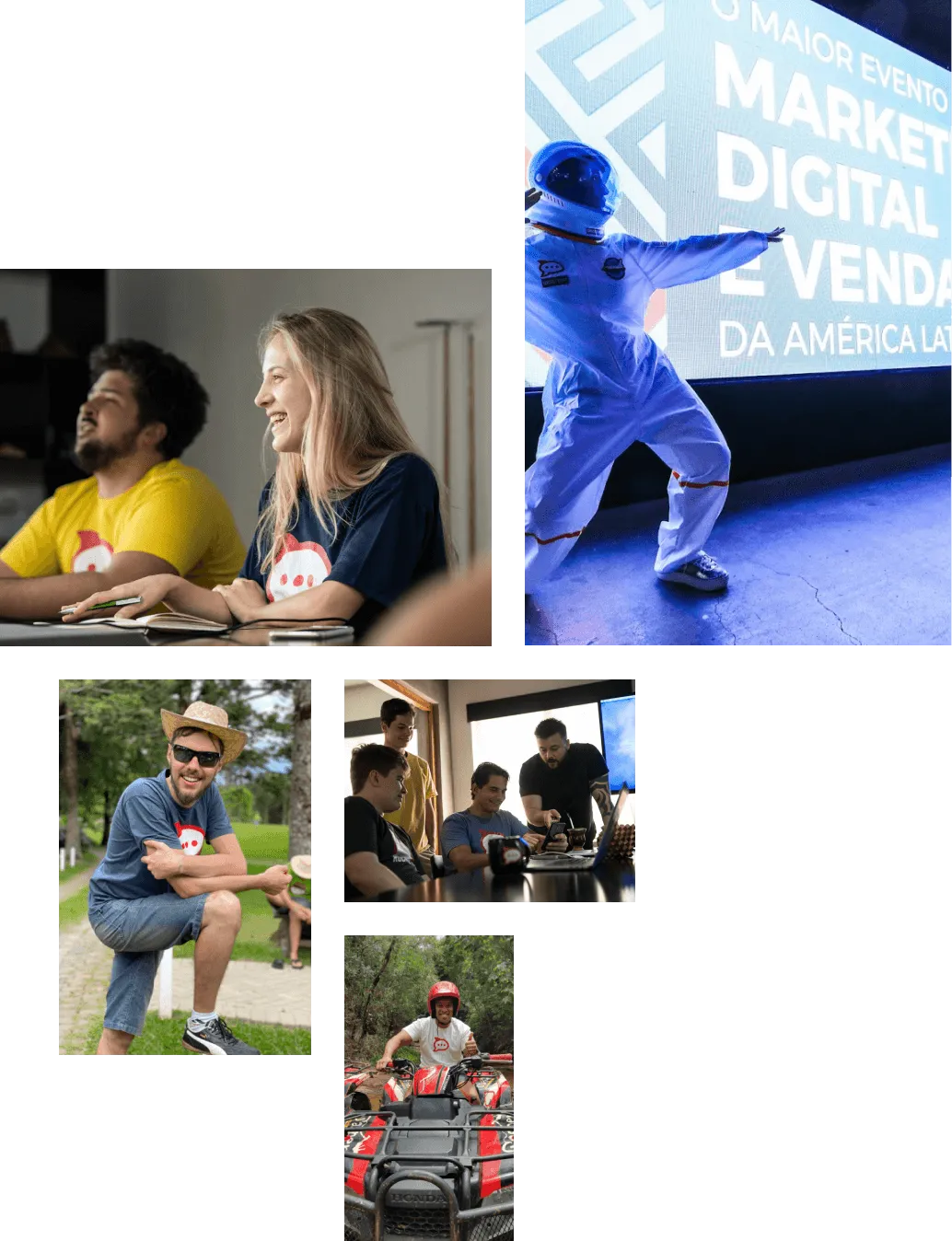 Collage of people in various activities including smiling in class, posing outdoors in a hat and sunglasses, a group working on laptops, a person posing in an astronaut suit, and a person giving a thumbs-up on a red ATV.