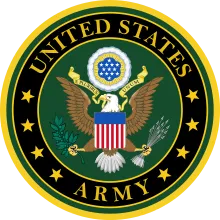Official seal of the United States Army featuring a bald eagle holding arrows and an olive branch, surrounded by stars and the text 'United States Army'.