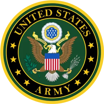 The official emblem of the United States Army featuring a bald eagle holding arrows and an olive branch, surrounded by a circle with stars and the text 'United States Army'.