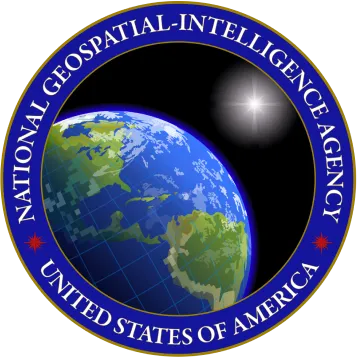 Seal of the National Geospatial-Intelligence Agency showing a globe with North and South America visible and a bright star in space, encircled by a blue border with the agency's name and United States of America text.