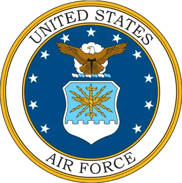 Seal of the United States Air Force featuring a bald eagle above a shield with wings and lightning bolts, surrounded by white stars on a blue background and the text 'United States Air Force' in a white outer ring.