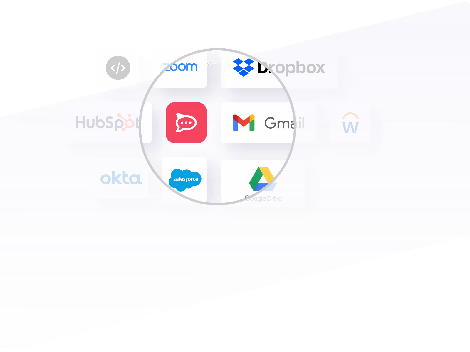 Grid of various technology and software logos including Zoom, Dropbox, HubSpot, Gmail, Salesforce, Google Drive, and Okta, with a magnifying glass highlighting the central icons.