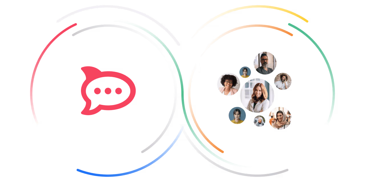 Infographic showing a communication icon in a red speech bubble on the left and diverse professional faces connected in a network on the right, with colorful arcs above them.