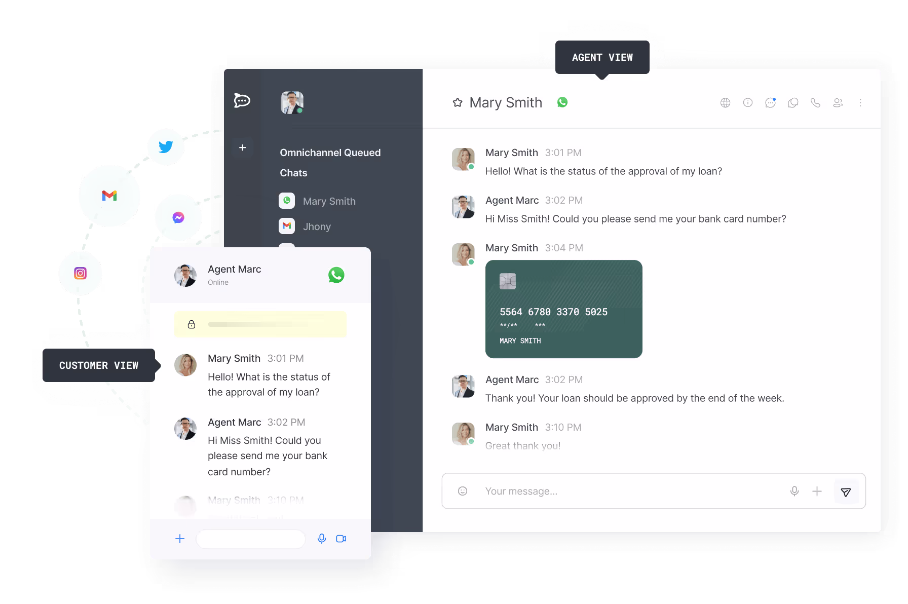 Screenshot of a loan approval chat between customer Mary Smith and Agent Marc on an omnichannel messaging platform showing bank card details shared and conversation status.