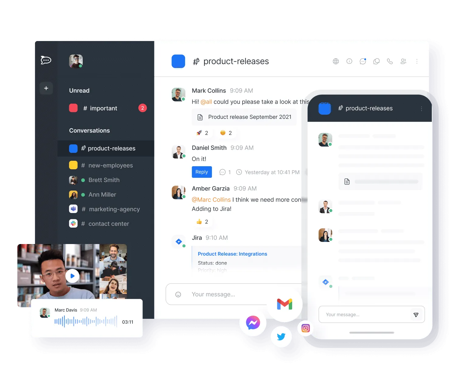 Chat application interface showing product-releases channel with team message threads, video call thumbnails, and audio message playback.