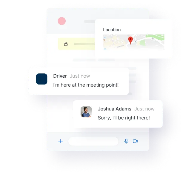 Chat interface showing a conversation with a driver sharing their location on a map and Joshua Adams replying 'Sorry, I'll be right there!'
