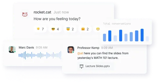 Chat interface showing a message from rocket.cat asking about feelings with emoji reactions, and two users exchanging a voice message and a file link for math lecture slides.