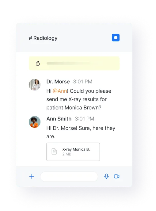 In-app chat interface showing a conversation about X-ray results between Dr. Morse and Ann Smith in the Radiology channel.