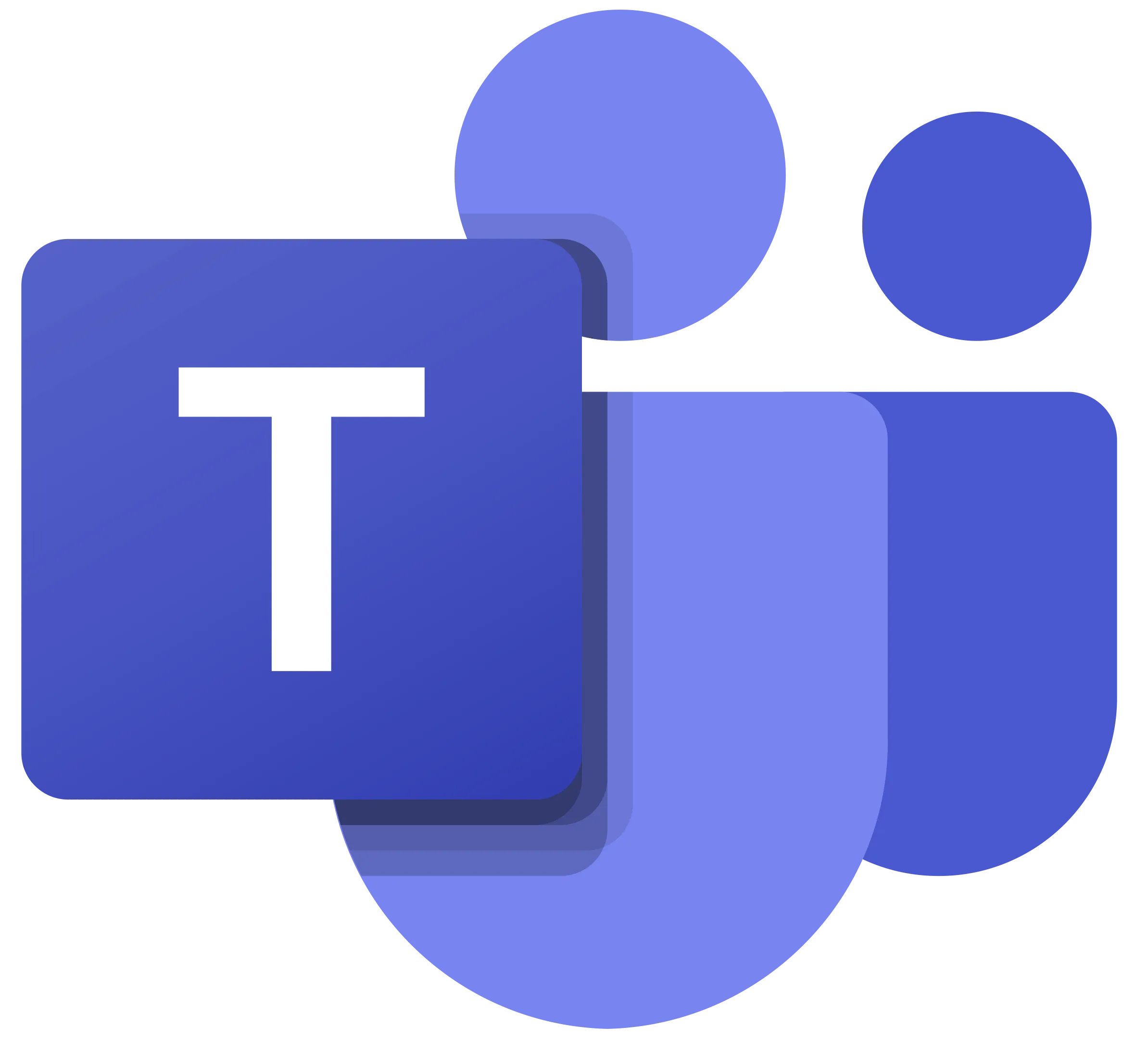 Microsoft Teams logo with a white 'T' on a blue square overlapping two abstract human shapes in different shades of blue.