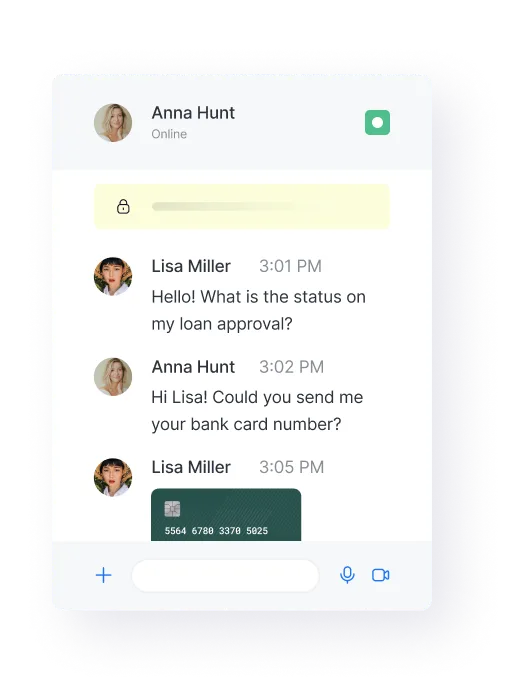 Chat interface showing a conversation between Anna Hunt and Lisa Miller about a loan approval, with Lisa sharing a bank card number.