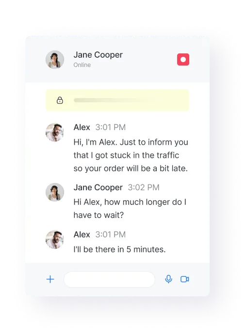 Chat interface showing a conversation between Jane Cooper and Alex about a delayed order, with text input and media icons below.