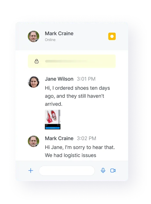 In-app chat showing a conversation between customer Jane Wilson and support agent Mark Craine discussing delayed shoe delivery and logistic issues.