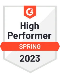 G2 High Performer badge for Spring 2023 with a red and white design.