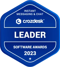 Crozdesk Leader badge for Instant Messaging & Chat Software Awards 2023 in blue shield shape.