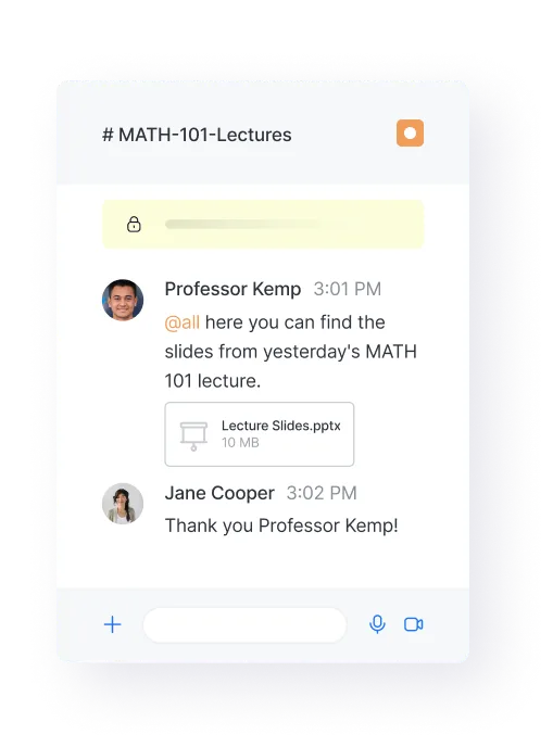 Chat window titled MATH-101-Lectures showing Professor Kemp sharing a file named Lecture Slides.pptx and Jane Cooper thanking him.
