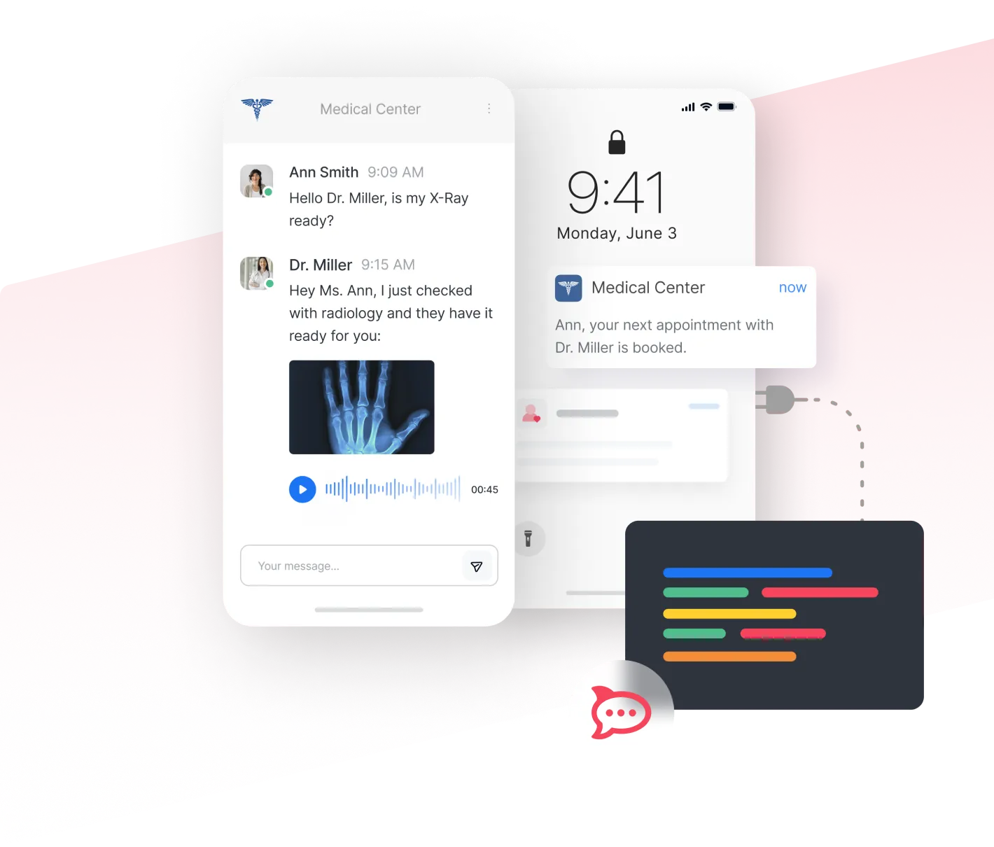 Medical app chat between Ann Smith and Dr. Miller showing an X-ray image of a hand, a voice message, and a notification about a booked appointment.