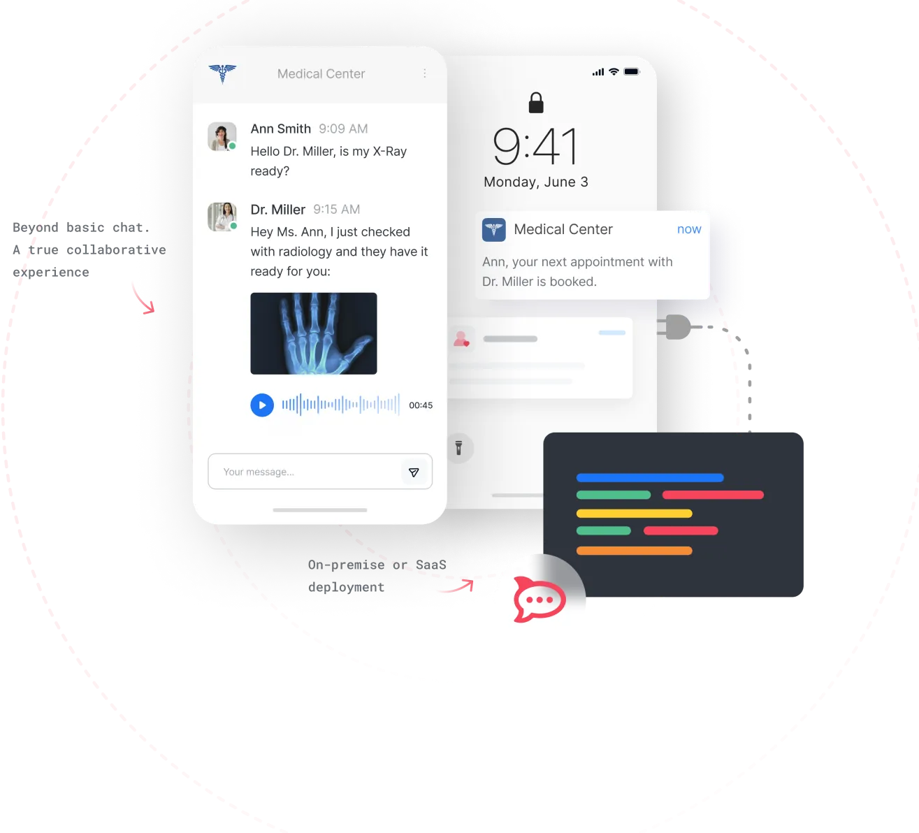 Medical Center mobile app showing a chat between Ann Smith and Dr. Miller with an X-ray image and audio message, plus a notification of a booked appointment.