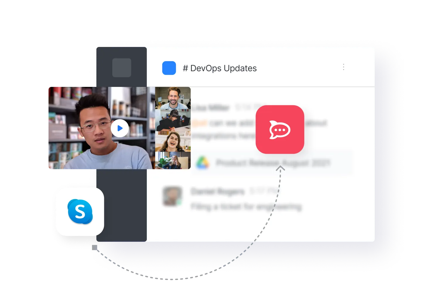 Screen showing a video call with four participants in a DevOps Updates chat, featuring Skype and chat icons.